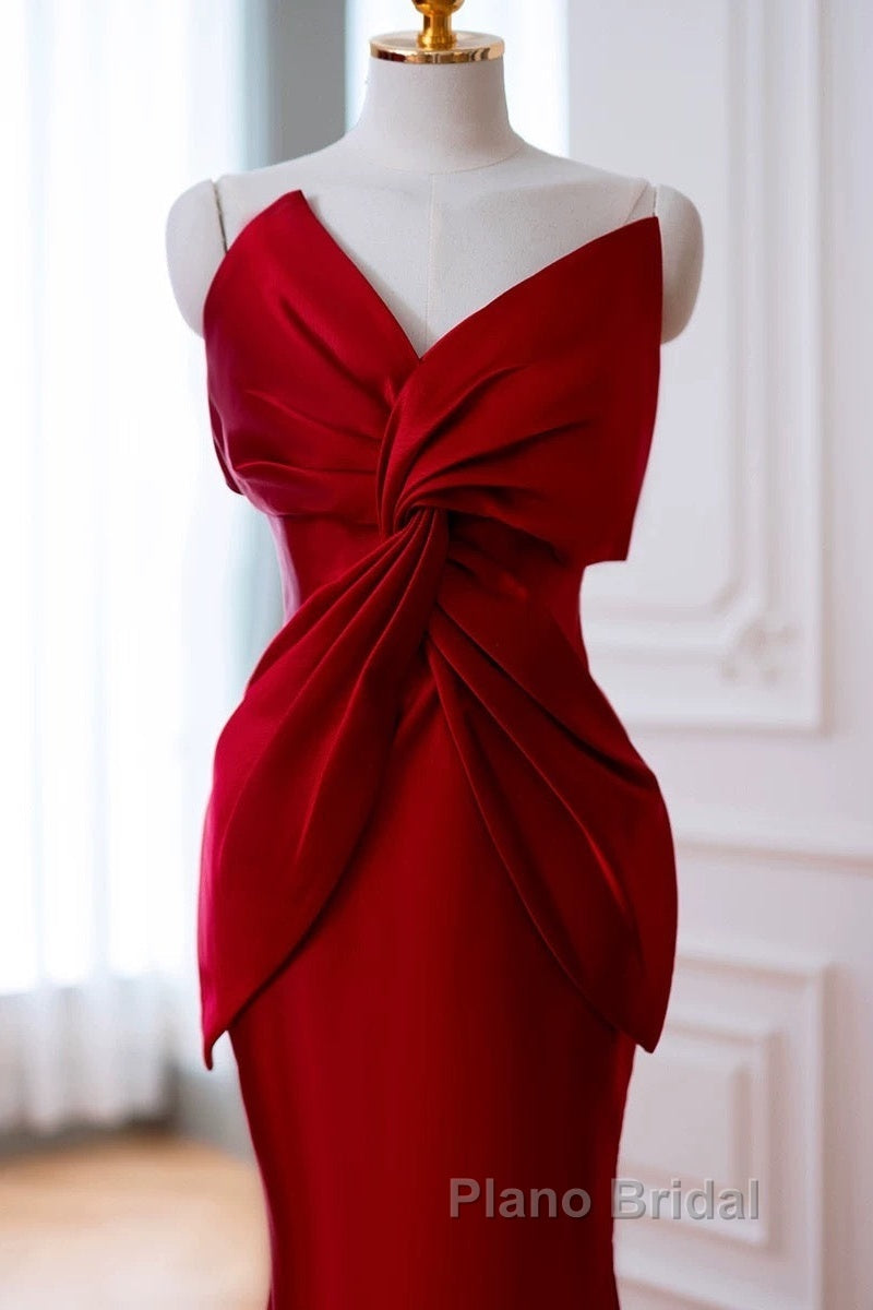 Pretty Mermaid One Shoulder Red Satin Long Evening Dresses Formal Prom Dresses
