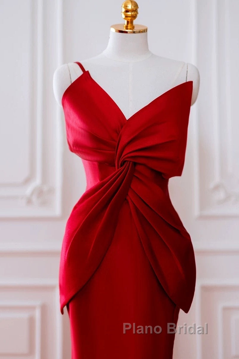 Pretty Mermaid One Shoulder Red Satin Long Evening Dresses Formal Prom Dresses