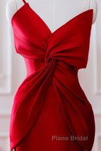 Pretty Mermaid One Shoulder Red Satin Long Evening Dresses Formal Prom Dresses