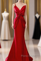 Pretty Mermaid One Shoulder Red Satin Long Evening Dresses Formal Prom Dresses
