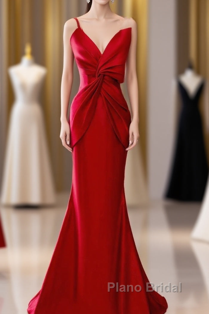 Pretty Mermaid One Shoulder Red Satin Long Evening Dresses Formal Prom Dresses Main image