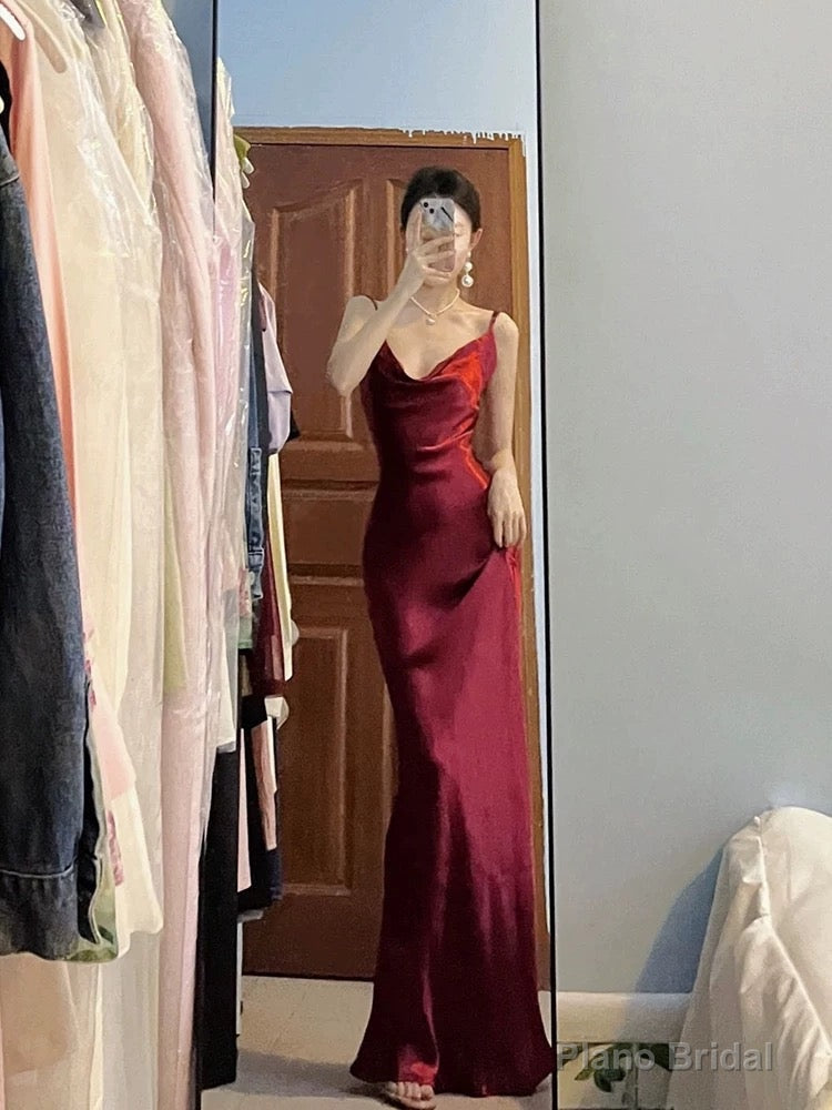 Pretty Mermaid Spaghetti Straps Burgundy Satin Long Floor Length Prom Dresses Main image
