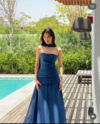 Pretty Mermaid Spaghetti Straps Floor Length Navy Blue Formal Prom Dresses Formal Evening Dresses Formal Dresses With Ribbon