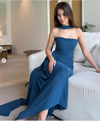 Pretty Mermaid Spaghetti Straps Floor Length Navy Blue Formal Prom Dresses Formal Evening Dresses Formal Dresses With Ribbon