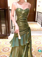 Pretty Mermaid Spaghetti Straps Olive Green Long Formal Prom Dresses Formal Evening Gowns