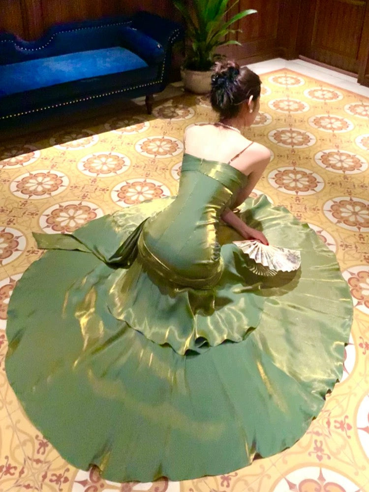 Pretty Mermaid Spaghetti Straps Olive Green Long Formal Prom Dresses Formal Evening Gowns