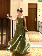 Pretty Mermaid Spaghetti Straps Olive Green Long Formal Prom Dresses Formal Evening Gowns