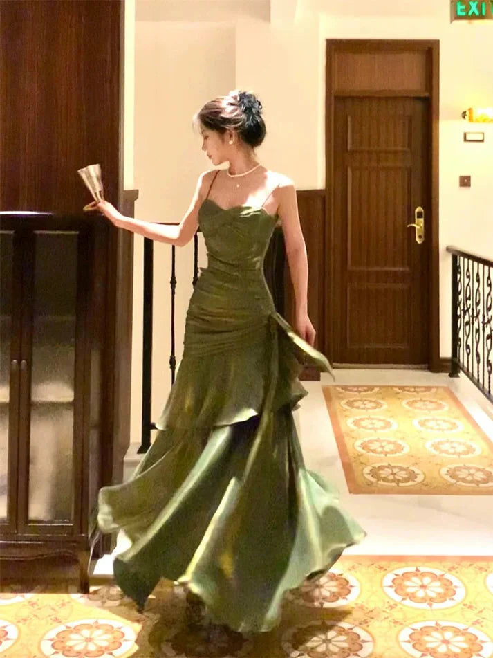 Pretty Mermaid Spaghetti Straps Olive Green Long Formal Prom Dresses Formal Evening Gowns