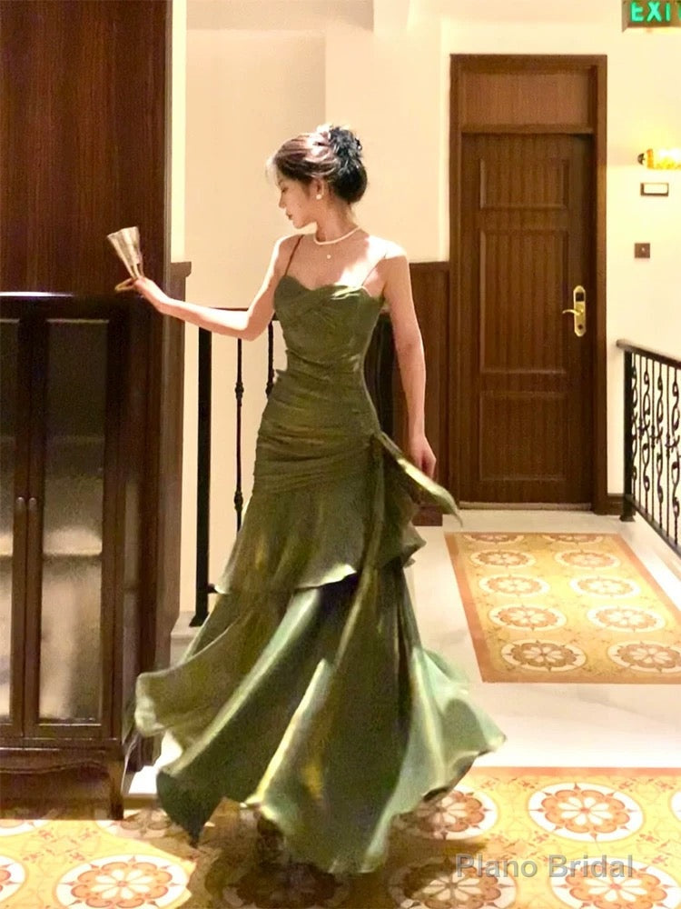 Pretty Mermaid Spaghetti Straps Olive Green Long Prom Dresses Evening Gowns Main image