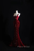 Pretty Mermaid Spaghetti Straps Sequin Beads Burgundy Long Formal Prom Dresses Formal Evening Dresses