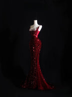 Pretty Mermaid Spaghetti Straps Sequin Beads Burgundy Long Formal Prom Dresses Formal Evening Dresses