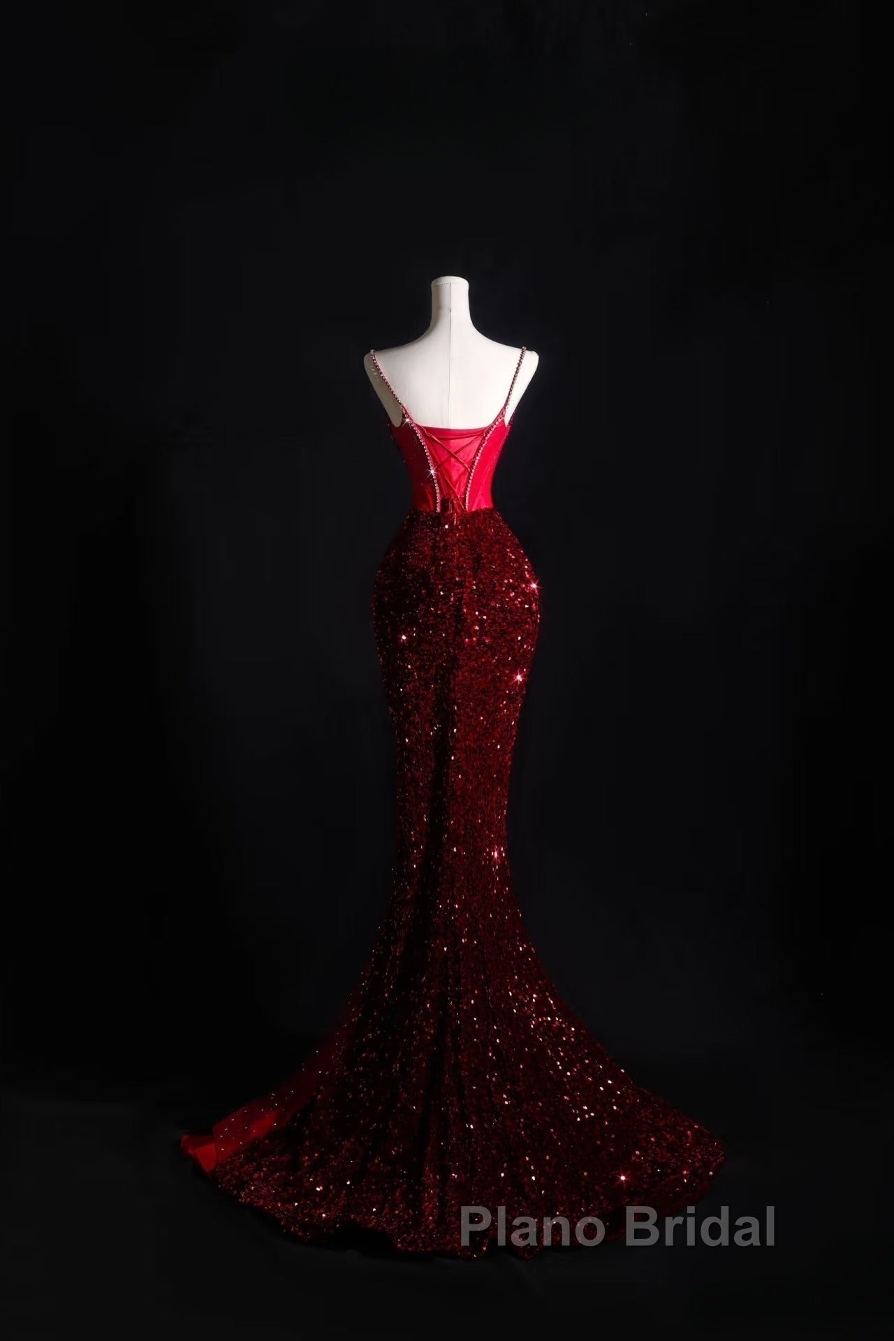 Pretty Mermaid Spaghetti Straps Sequin Beads Burgundy Long Formal Prom Dresses Formal Evening Dresses