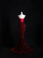 Pretty Mermaid Spaghetti Straps Sequin Beads Burgundy Long Formal Prom Dresses Formal Evening Dresses
