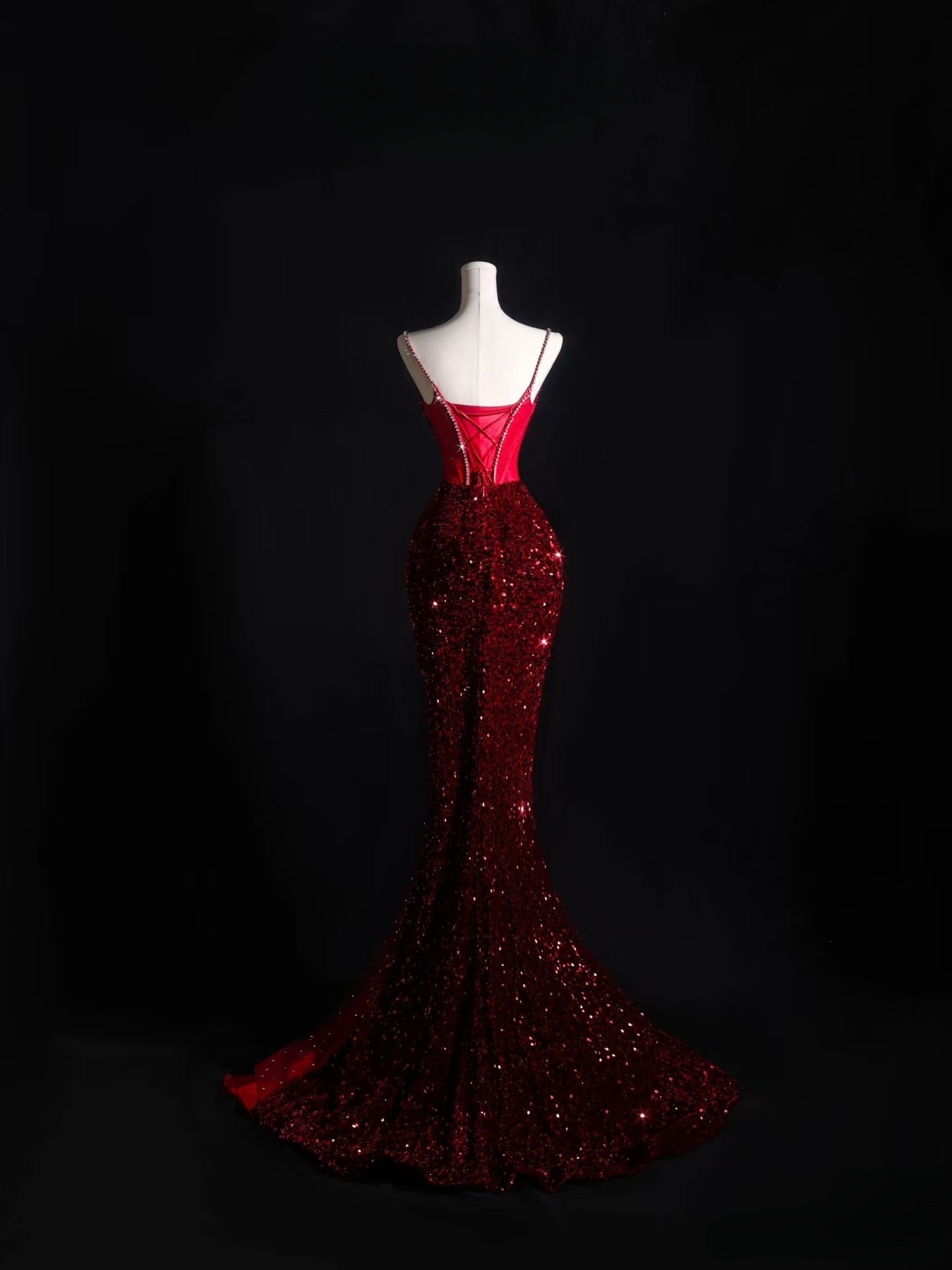Pretty Mermaid Spaghetti Straps Sequin Beads Burgundy Long Formal Prom Dresses Formal Evening Dresses