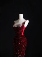 Pretty Mermaid Spaghetti Straps Sequin Beads Burgundy Long Formal Prom Dresses Formal Evening Dresses