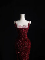 Pretty Mermaid Spaghetti Straps Sequin Beads Burgundy Long Formal Prom Dresses Formal Evening Dresses
