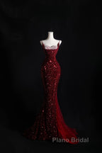 Pretty Mermaid Spaghetti Straps Sequin Beads Burgundy Long Formal Prom Dresses Formal Evening Dresses