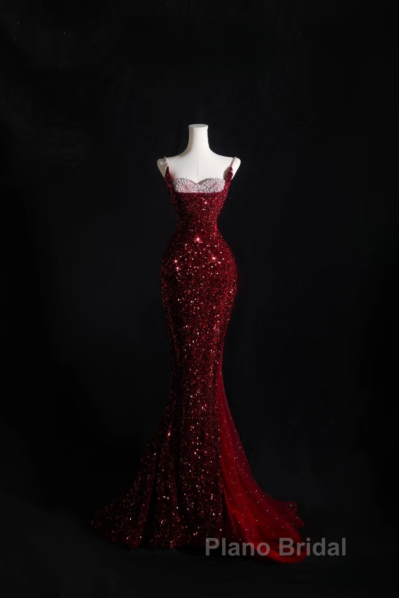 Pretty Mermaid Spaghetti Straps Sequin Beads Burgundy Long Formal Prom Dresses Formal Evening Dresses