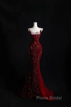 Pretty Mermaid Spaghetti Straps Sequin Beads Burgundy Long Formal Prom Dresses Formal Evening Dresses