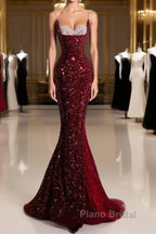 Pretty Mermaid Spaghetti Straps Sequin Beads Burgundy Long Formal Prom Dresses Formal Evening Dresses