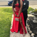 Pretty Mermaid Spaghetti Straps Slit Red Satin Formal Prom Dresses Long Party Dresses