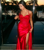 Pretty Mermaid Spaghetti Straps Slit Red Satin Formal Prom Dresses Long Party Dresses
