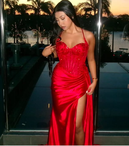 Pretty Mermaid Spaghetti Straps Slit Red Satin Formal Prom Dresses Long Party Dresses