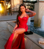 Pretty Mermaid Spaghetti Straps Slit Red Satin Formal Prom Dresses Long Party Dresses