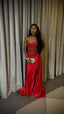 Pretty Mermaid Spaghetti Straps Slit Red Satin Formal Prom Dresses Long Party Dresses