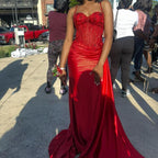 Pretty Mermaid Spaghetti Straps Slit Red Satin Formal Prom Dresses Long Party Dresses