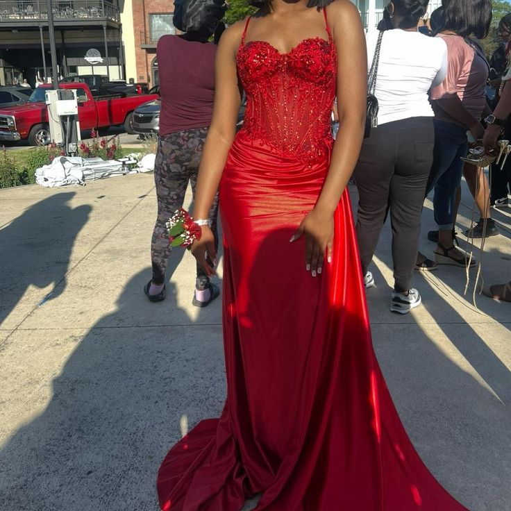 Pretty Mermaid Spaghetti Straps Slit Red Satin Formal Prom Dresses Long Party Dresses