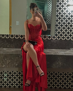 Pretty Mermaid Spaghetti Straps Slit Red Satin Formal Prom Dresses Long Party Dresses