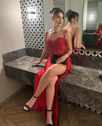 Pretty Mermaid Spaghetti Straps Slit Red Satin Formal Prom Dresses Long Party Dresses