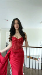 Pretty Mermaid Spaghetti Straps Slit Red Satin Formal Prom Dresses Long Party Dresses