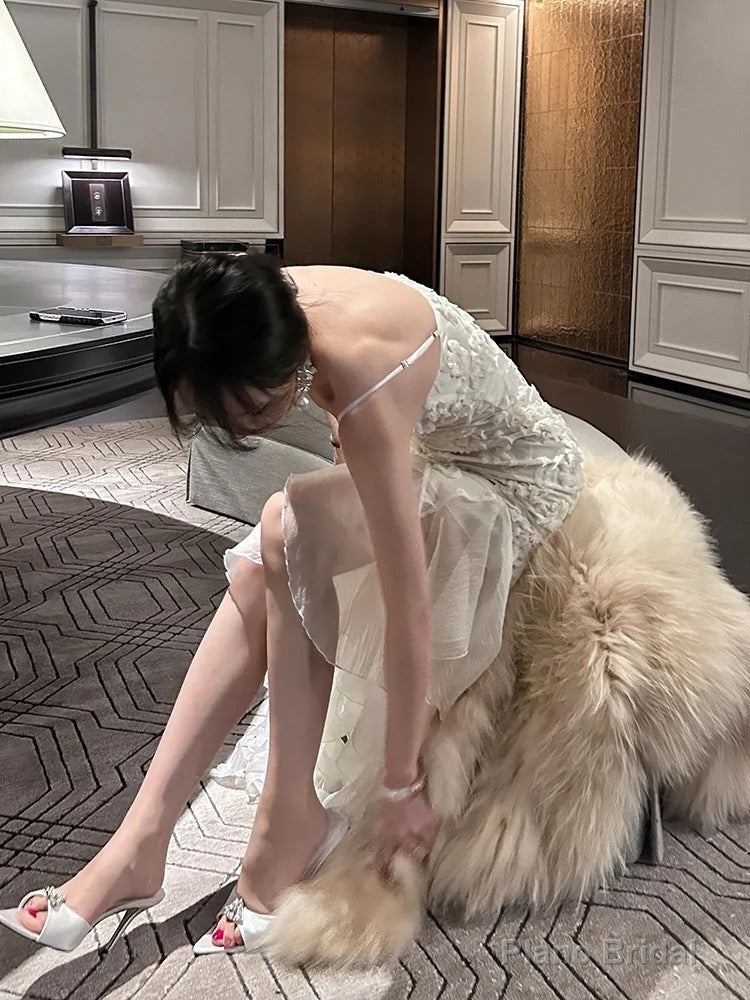 Pretty Mermaid Spaghetti Straps White Floral Prom Dresses Long Evening Gowns Main image