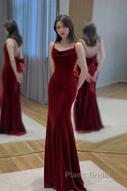 Pretty Mermaid Spaghetti Straps Wine Red Velvet Long Evening Dresses Formal Prom Dresses