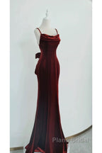 Pretty Mermaid Spaghetti Straps Wine Red Velvet Long Evening Dresses Formal Prom Dresses