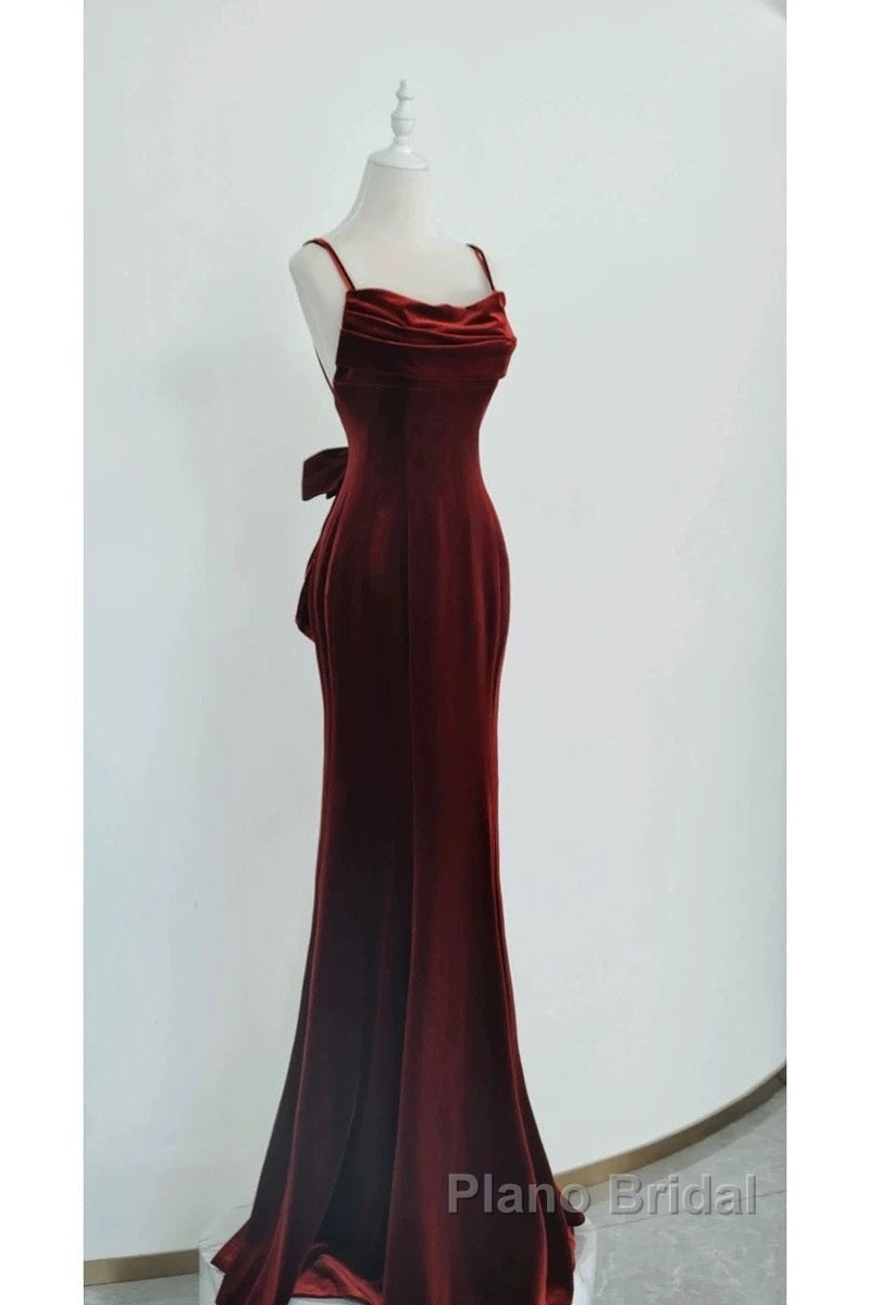 Pretty Mermaid Spaghetti Straps Wine Red Velvet Long Evening Dresses Formal Prom Dresses