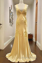 Pretty Mermaid Spaghetti Straps Yellow Backless Long Party Dresses Formal Prom Dresses