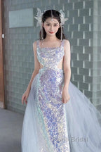Pretty Mermaid Square Neckline Sequin Long Evening Dresses Formal Prom Dresses