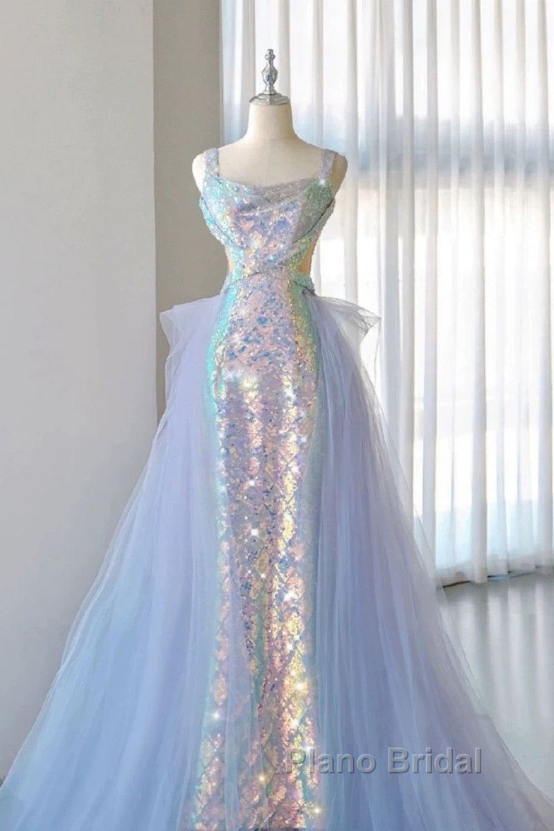 Pretty Mermaid Square Neckline Sequin Long Evening Dresses Formal Prom Dresses