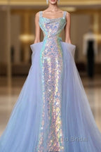 Pretty Mermaid Square Neckline Sequin Long Evening Dresses Formal Prom Dresses