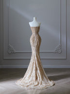 Pretty Mermaid Strapless Gold Sequin Beads Long Formal Prom Dresses Formal Evening Dresses