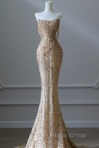 Pretty Mermaid Strapless Gold Sequin Beads Long Formal Prom Dresses Formal Evening Dresses