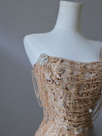 Pretty Mermaid Strapless Gold Sequin Beads Long Formal Prom Dresses Formal Evening Dresses