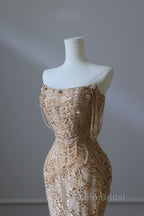 Pretty Mermaid Strapless Gold Sequin Beads Long Formal Prom Dresses Formal Evening Dresses