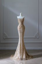 Pretty Mermaid Strapless Gold Sequin Beads Long Formal Prom Dresses Formal Evening Dresses