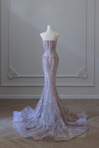 Pretty Mermaid Strapless Lilac Sequin Beads Long Formal Prom Dresses Formal Evening Dresses