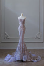 Pretty Mermaid Strapless Lilac Sequin Beads Long Formal Prom Dresses Formal Evening Dresses