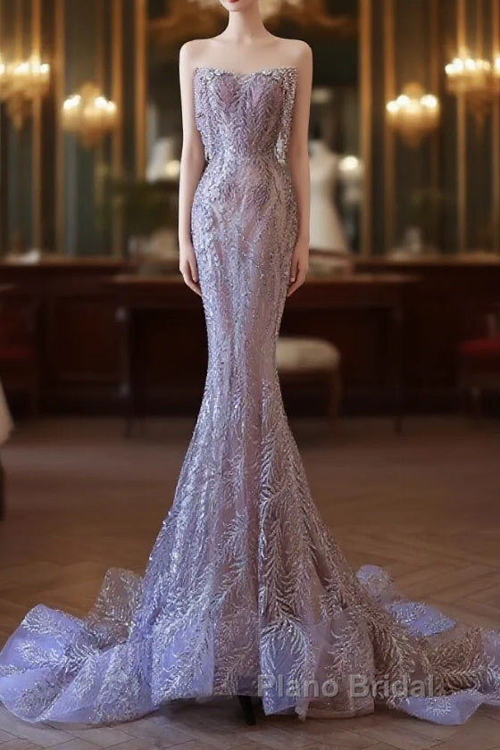 Pretty Mermaid Strapless Lilac Sequin Beads Long Formal Prom Dresses Formal Evening Dresses